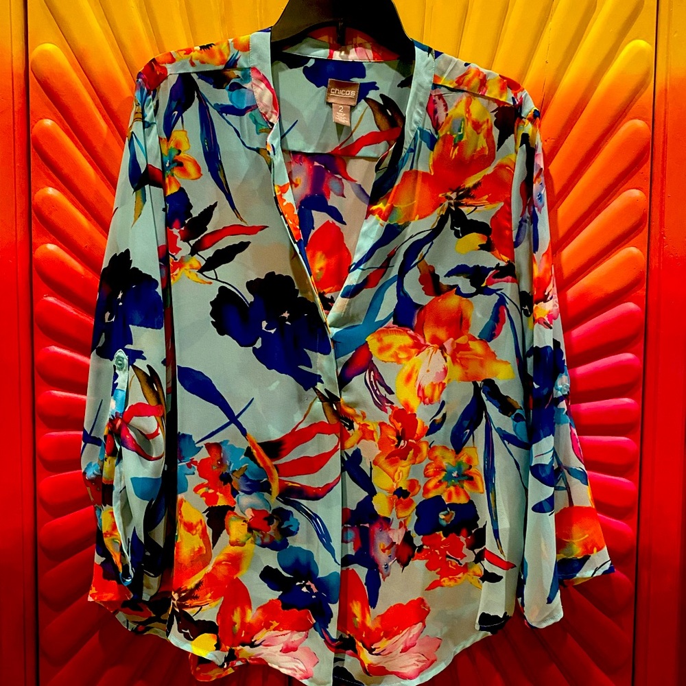 Sheer Chico’s tropical blouse